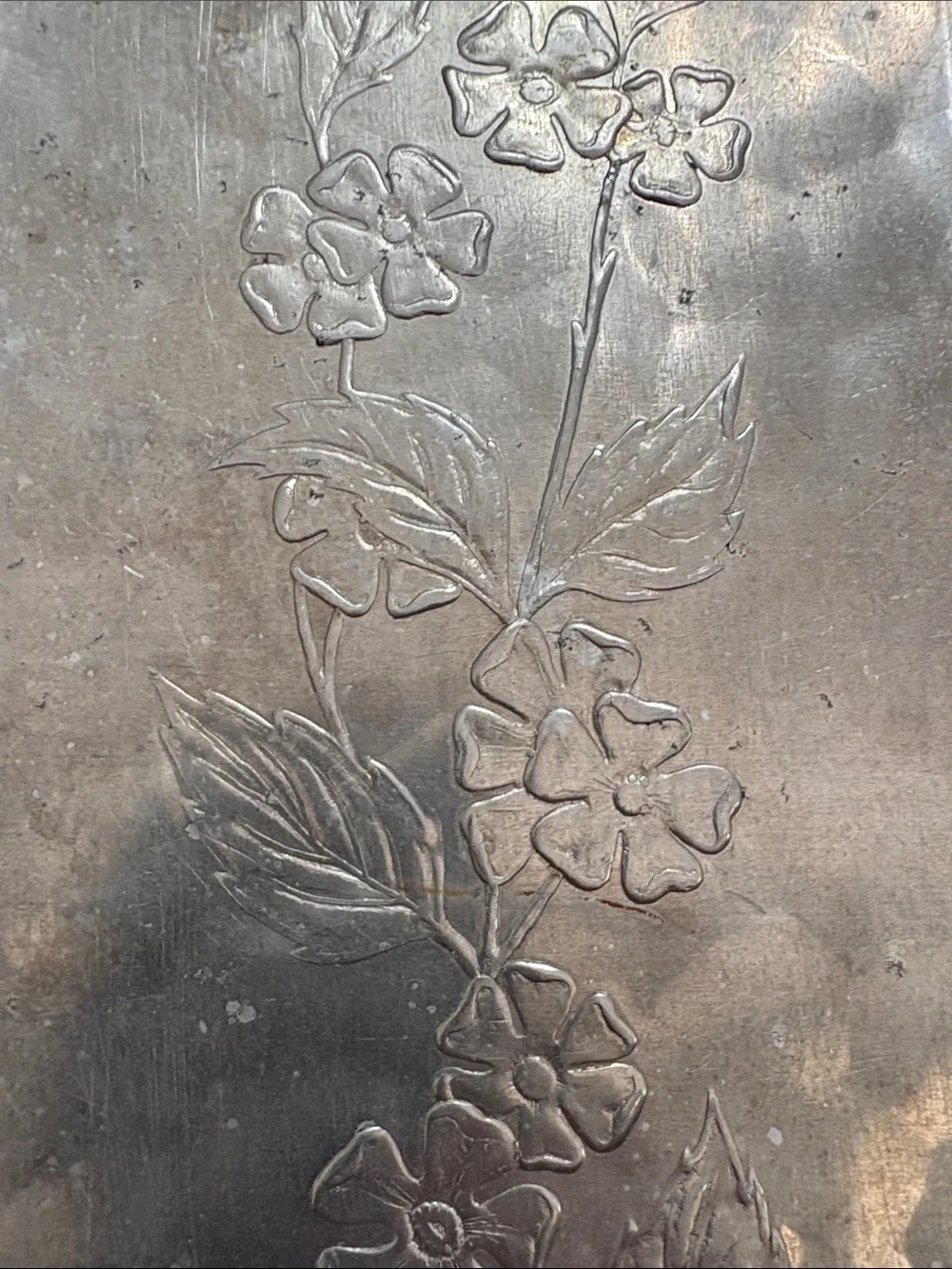 Floral Embossed Metal Serving Tray - Silver Finish